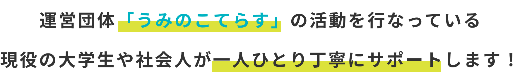 運営団体「うみのこてらす」の活動を行なっている 現役の大学生や社会人が一人ひとり丁寧にサポートします！