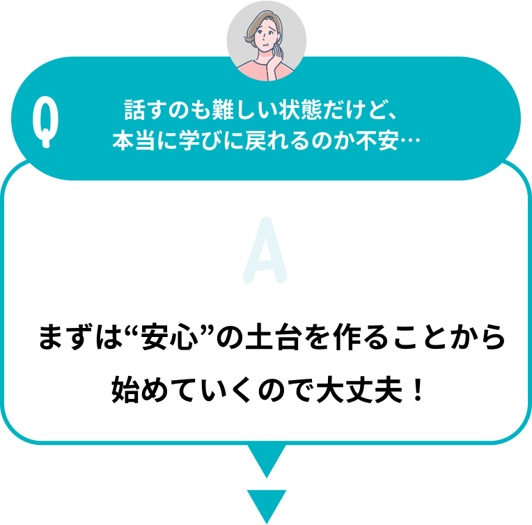 話すのも難しい状態だけど、本当に学びに戻れるのか不安。まずは安心の土台を作ることから始めていくので大丈夫！